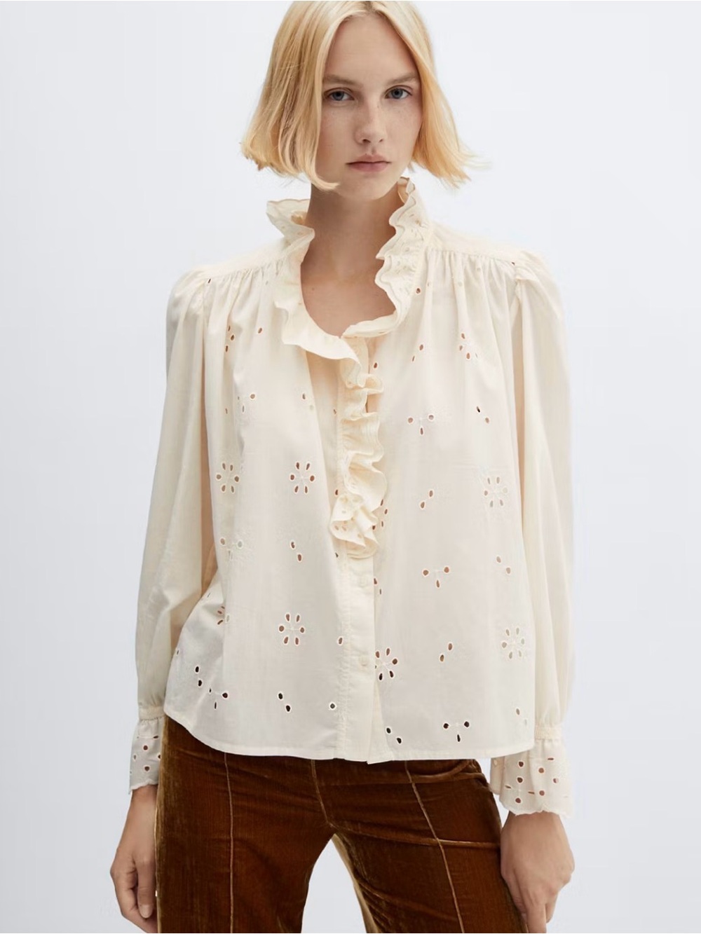 Mango eyelet cotton ruffle shirt off white